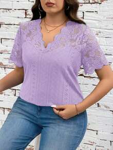 Clasi Camiseta de talla grande de verano de unicolor con contraste de encaje calado y bordado - Púrpura malva - Ver 7