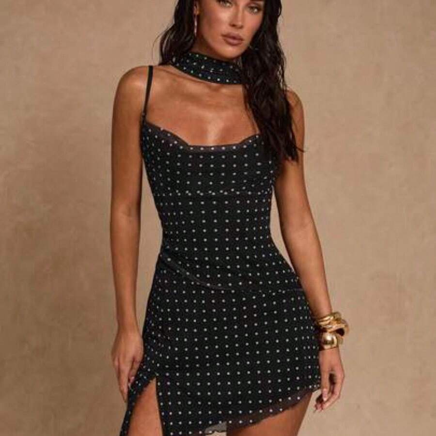 Black And White Color Wave Point Sexy Backless Sleeveless Ruched Asymmetry Dress,Elevated Elegance Dress,Rave Set Festival,Streetwear,Concert Dress,Club Dress,Date Night Dress,Women Birthday Dress,Party Must Have,Wave Point Dress,Graduation Season Dress,Vacation Style Dress, Hot Dresses For Women.Causal Dresses For Women Summer, Polka Dot Dresses For Women - Multicolor - Ver 1
