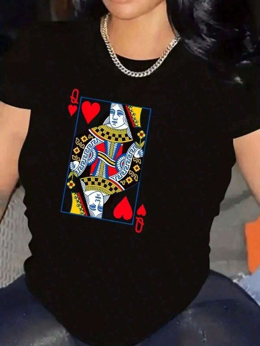 1 Piece New Summer Casual Fashion 2026, Local Shipping, Graphic Tees, Women's Casual T-Shirt With Poker Queen Print, Spring And Summer For New Year's Clothing, Graphic Tees, Women's Tops, 100% Cotton, 180g 100% Cotton - 黑色 - 查看 1