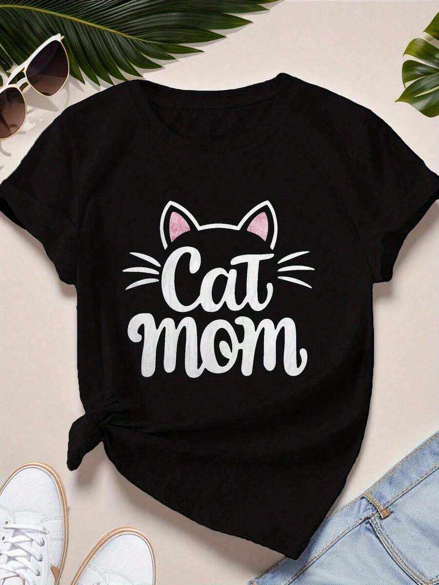 Camiseta de manga corta con cuello redondo y estampado para mujer. Perfecto para citas, desplazamientos diarios y salidas informales. Diseño clásico minimalista de cuello redondo, fácil de combinar y adecuado para todas las formas de cuerpo. - Negro - Ver 1