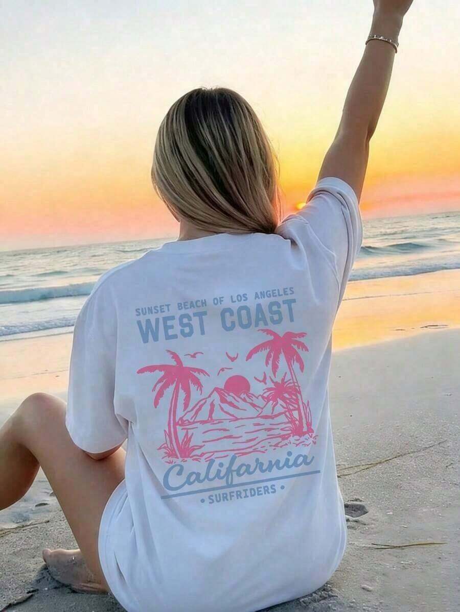 Camiseta de manga corta con cuello redondo para mujer, estilo casual de verano, con estampado de palmera y eslogan, sencilla y versátil, adecuada para uso diario. Camiseta con estampado, camiseta de mujer para vacaciones. Ropa de verano fresca para mujer. - Blanco 3 - Ver 1