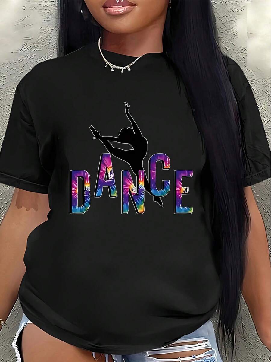 Women's Polyester Dance T-Shirt With A Colorful Galaxy Print And A Ballerina Silhouette. Lightweight And Comfortable, Suitable For Dance Studios Or Everyday Wear. Short-Sleeved Design, Ideal For Both Practice And Performances. - 黑色 - 查看 1