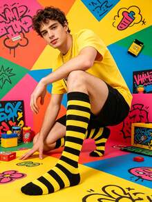 1 Pair Men's Striped Mid-Calf Socks, Casual, Breathable, Sweat-Absorbent, Anti-Odor, Suitable For Daily Life, Style Randomly Sent - Multicolor - View 1