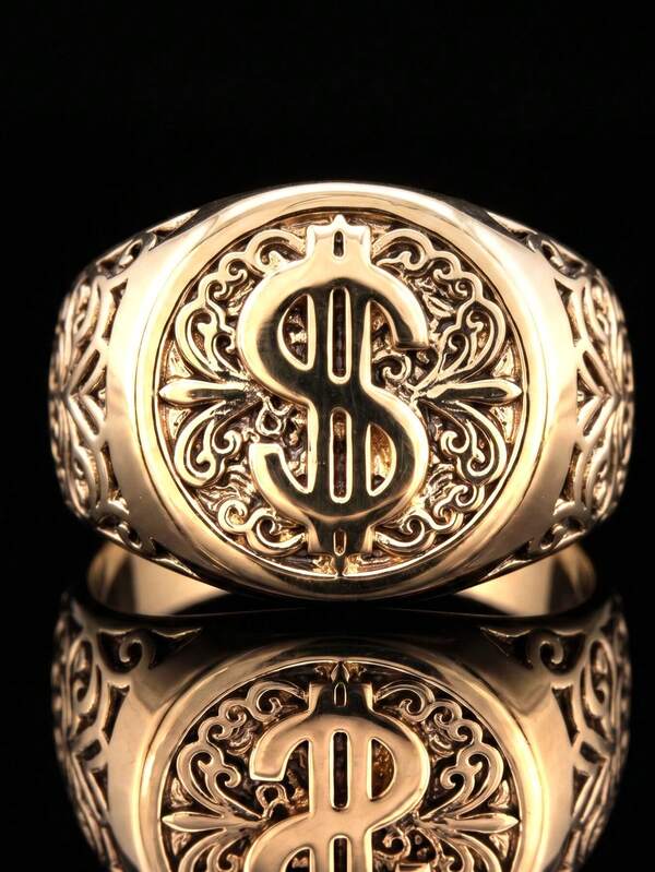 1pc Vintage Hip-Hop Style Solid Copper Dollar Sign Engraved Ring, Party & Holiday Gift For Men