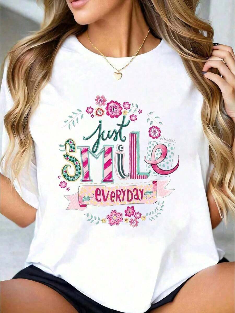 Camiseta blanca de mujer con estampado floral y letras, cuello redondo, camiseta casual de algodón, tejido de punto de elasticidad media, corte regular para damas, talla S-XXXL, espaciosa. - Blanco - Ver 1