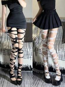 Quần legging lưới bất đối xứng gợi cảm phong cách Gothic Punk, tất cao đến đùi họa tiết mạng nhện Lolita dành cho nữ, thích hợp cho Halloween, quà Giáng sinh, mặc hàng ngày, hẹn hò. - Nhiều màu - Xem 2