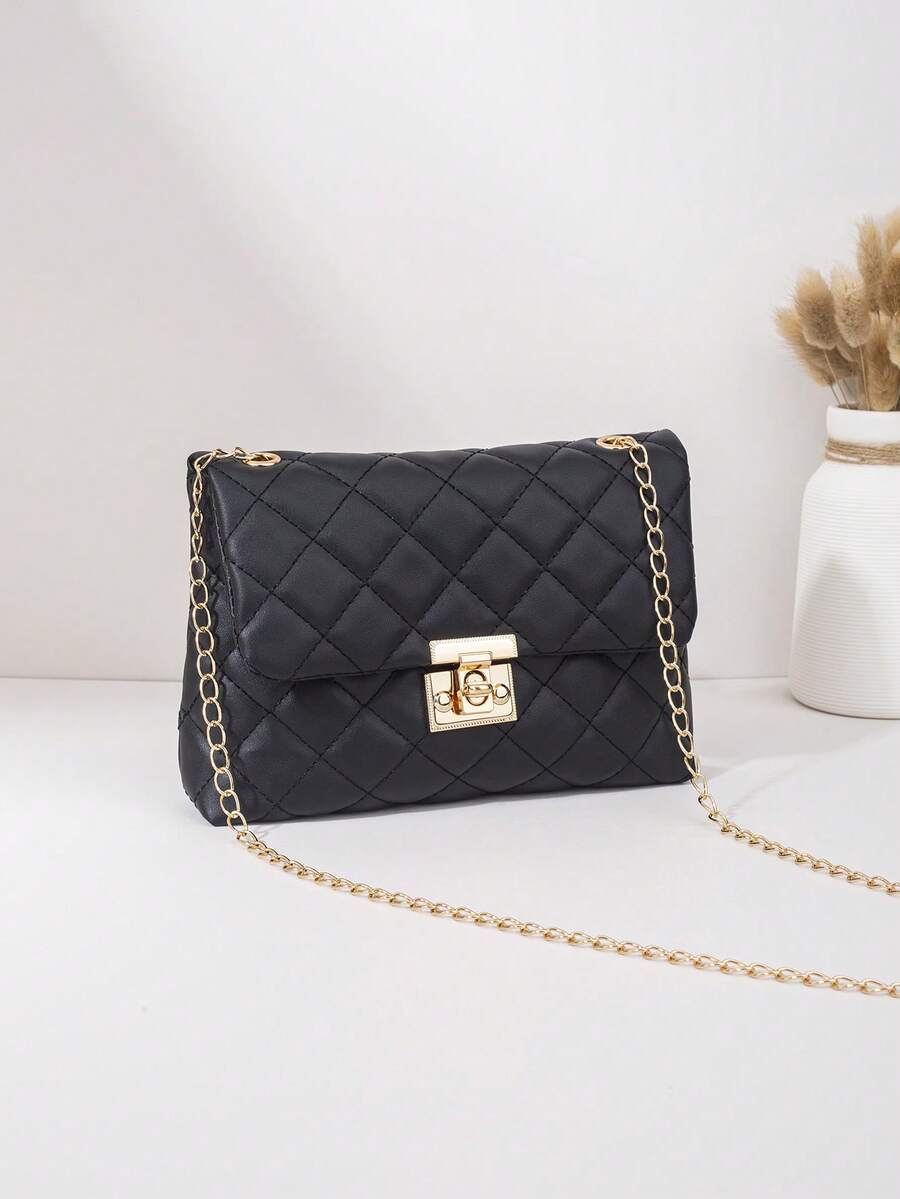 Bolso cruzado de mujer acolchado negro de moda con correa ajustable con logotipo dorado en tono M, bolso de hombro casual diario, bolso de mano con cremallera ligero - Negro - Ver 1