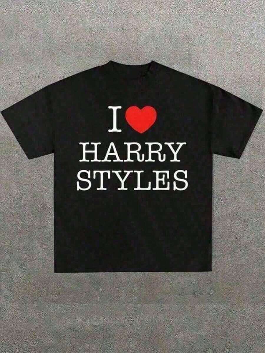 Camisetas, Ropa de Hombre, Camisetas Gráficas, Tops de Verano, Ropa Urbana Y2k para Hombre, , Tallas Grandes para Hombre, Estilos I Love Harry Fan, (1 Pieza) Camiseta 100% Casual Estamp - Negro - Ver 1