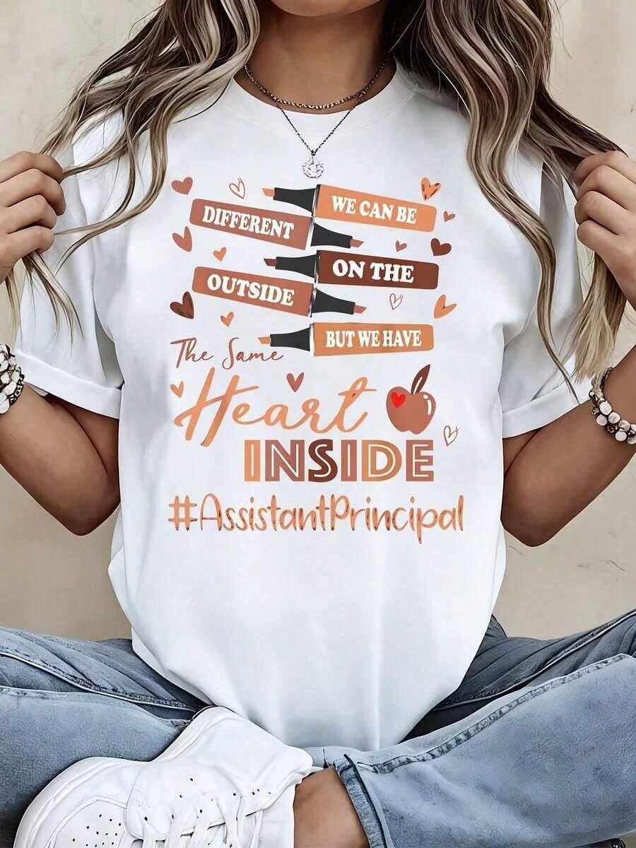 Black T-Shirt For Head Assistant: We May Be Different On The Outside, But We Have The Same Heart On The Inside, With Hearts And Apples Design For School Staff And Education Professionals - White - View 1
