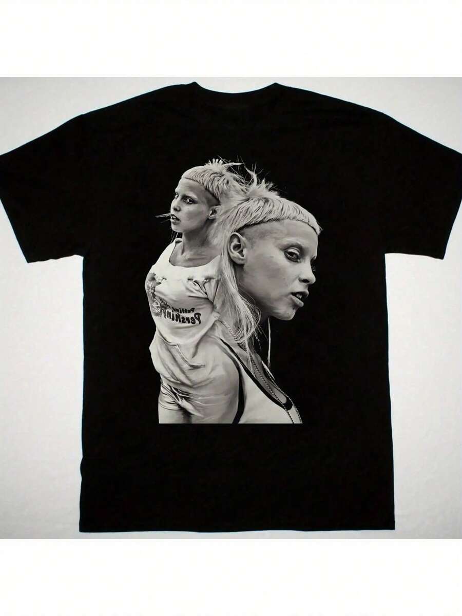 Camiseta gráfica Die Antword Yolandi Visser ART - Estilo bohemio con estampado artístico de rostro dividido, camiseta negra de manga corta y cuello redondo para adultos, tallas S-5XL, solo lavado a mano, ropa casual y llamativa, atuendo diario, diseño audaz, tela cómoda, camiseta estampada, para fans de la música, moda urbana, diseño artístico, tela suave, camiseta unisex, ropa para adultos. - Negro - Ver 1