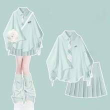 Women Two-Piece Outfits - Green Shirt + Green Tie + Green Skirt - View 7