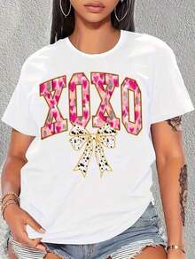 Women's T-Shirt With Pink Heart Print XOXO And Bow, Casual Summer T-Shirt For Women, Fashion Graphic Tee For Valentine's Day And Romantic Occasions - 白色 - 查看 1