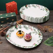 50 platos ovalados de Navidad 12 x 10 pulgadas platos de papel resistentes con hojas de acebo bayas rojas para Navidad día festivo boda decoración de fiesta verde y rojo - Flor de Navidad - Ver 6