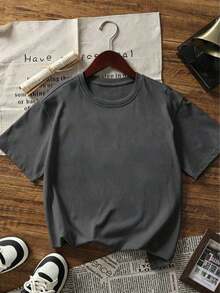 Women's Casual White T-Shirt With Sakura Graphic Print, Short Sleeve With Drop Shoulders, Round Neck, Medium Elasticity Knit Fabric For Spring Fashion - 深灰色 - 查看 4