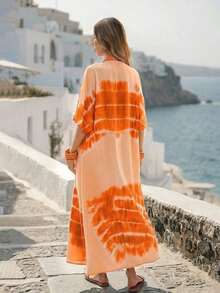 Vestido casual suelto con escote en V, estampado de teñido anudado, con bolsillos grandes, estilo bohemio de verano para vacaciones en la playa para mujeres - Rosa - Ver 8