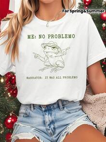 Women's T-Shirt With  Frog Print, Short Sleeve Crew Neck Top - Lightweight White Casual Spring And Summer Clothing For Christmas Parties - Fan Apparel - Fantasy Christmas Design With Iconic Phrases - Comfortable Machine Washable Casual Wear - 白色 - 查看 1