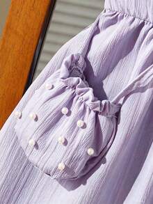 Young Girl' Fashion Casual Cute Beaded Collar Solid Color Dress + Beaded Handbag - Mauve Purple - View 6