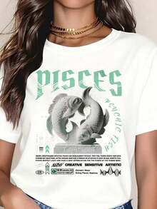Women's Cotton T-Shirts, Pisces Zodiac Sign T-Shirt, Psychic Astrology Design, Creative, Sensitive, Artistic, Fish Symbol Graphic T-Shirt For Women And Men, Casual Wear, Birthday Gift For Pisces Lovers, Basic Women's Blouses. - 白色 - 查看 7