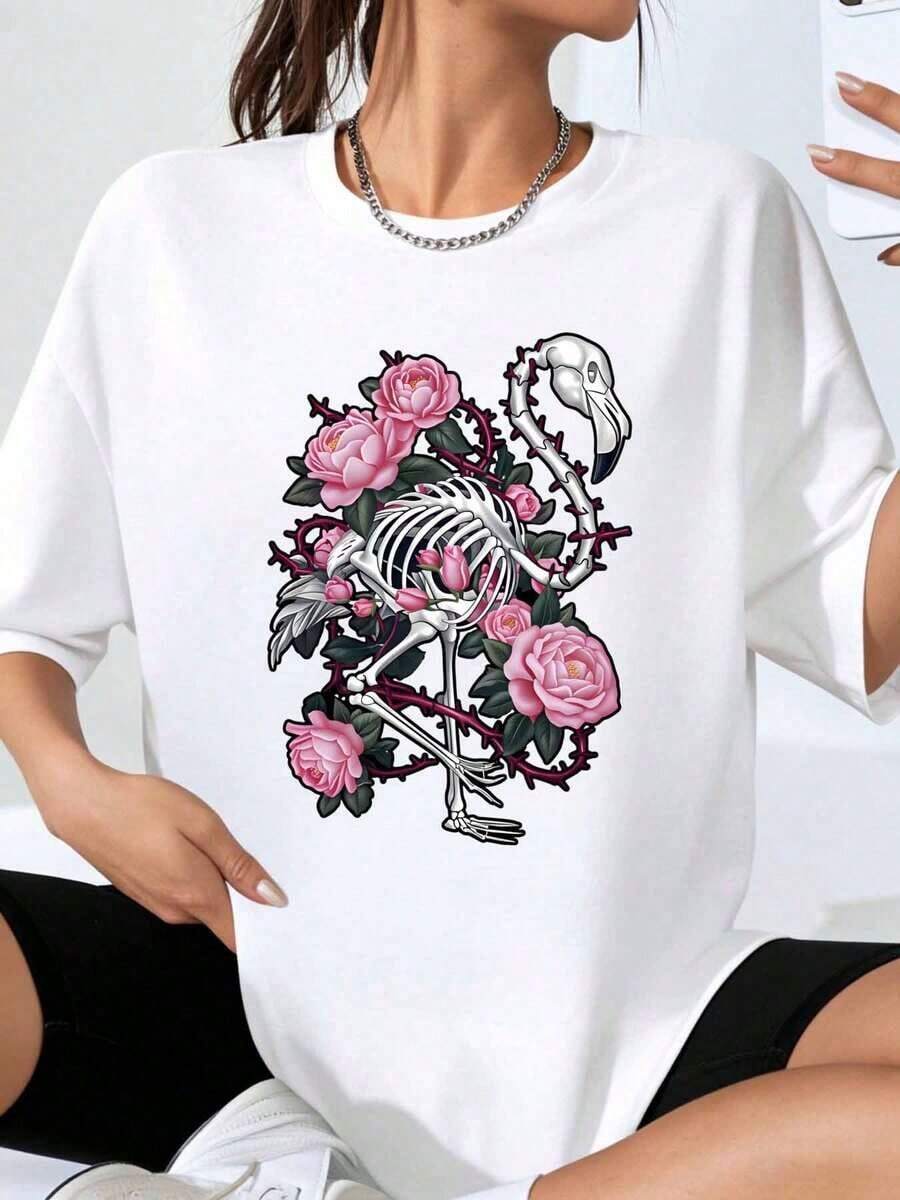 Women's Oversized T-Shirt With Flamingo Skeleton Graphic And Pink Roses, Boho Gothic Style, Urban Fashion, Loose Fit Casual Top - White - View 1