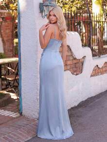 Elegant Spaghetti Strap High Slit Mermaid Formal Dress, Pleated Design - Baby Blue - View 3