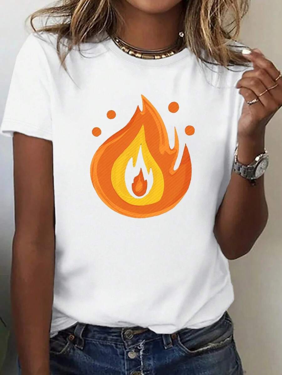 Women's T-Shirt With Abstract Flame Illustration Print, Comfortable Fit, Short Sleeves, Soft And Comfortable Summer Clothing, Urban Vintage Style, Unisex, Short Sleeve Cotton T-Shirt With Round Neck - 白色 - 查看 1