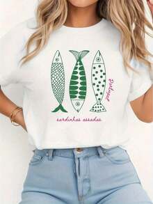 Women's Summer Vacation T-Shirts With A Grilled Portuguese Sardine Print, Short-Sleeved Crew Neck T-Shirt, Suitable For All Seasons, Including Christmas, Easter, Halloween, Thanksgiving, Etc. 100% Cotton. - 白色 - 查看 6