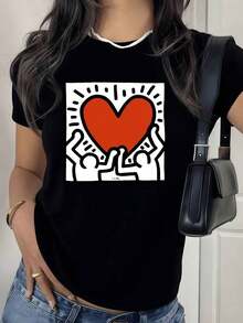 100% Cotton. Red Hearts Held By Figures Symbolizing Unity, Hope, And Positive Energy In Every Stroke. Women's T-Shirt, 100% Soft Cotton, Casual, Modern. Women's Simple Solid Color T-Shirt, Loose And Slim Fit, Casual Short Sleeve - 黑色 - 查看 11