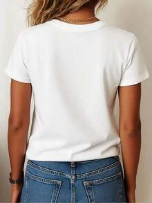 Limited Time Offer, Limited Quantity Available, Lightning, Women's Shirts, Women's T-Shirts Women's Clothing, Elegant T-Shirt Decorated With Gold And Blue Sparkling Crystals For Women - Loose Short Sleeve Top With Round Neck, Medium Stretch Fabric Machine Washable, Suitable For Casual And Formal Occasions In All Seasons. - 白色 - 查看 2