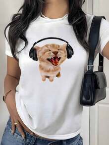 100% Cotton. Smiling Cat With Headphones Symbolizing Love For Music And Positive Energy. Women's T-Shirt. 100% Cotton, Comfortable And Casual. Women's Simple Solid Color T-Shirt, Loose And Slim Fit Casual Short Sleeve - 白色的 - 查看 11
