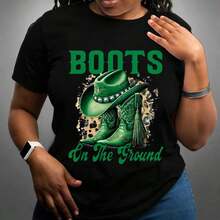GiftWomen Women's Cotton T-Shirt, Sizes M-5XL, Western Cowboy Boots And Hat Graphic Print, Casual Loose Fit Short Sleeve Green Letter Print T-Shirt For Everyday Wear, Comfortable And Soft Clothing - 黑色 - 查看 7