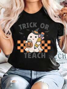 Plus Size, Trick Or Teach - A Fun Take On The Phrase "Trick Or Treat" On A Graphic Tee For Halloween Teachers. Available In Sizes 0-5XL, This Short-Sleeved Tee Is Made Of Polyester Fabric With A Crew Neck And Pullover Style. Suitable For Year-Round Wear, It Makes... - 黑色 - 查看 7
