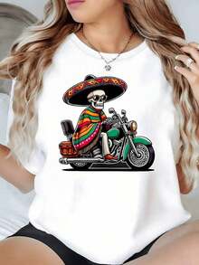 100% Cotton. Skull With Traditional Mexican Hat Riding A Motorcycle While Wearing A Colorful Poncho Symbolizing Adventure And Freedom. Women's T-Shirt, 100% Cotton, 220g. Women's Simple Solid Color T-Shirt, Loose And Slim Fit Casual Short Sleeve - 白色的 - 查看 8