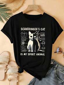 100% Cotton. Women's Fun Cat Print T-Shirt, Casual, Urban, Hip-Hop Style, Breathable, Graphic Design. Women's Simple Solid Color T-Shirt, Loose And Slim Fit Casual Short Sleeve - 黑色 - 查看 3