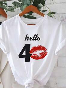 New 2026 Collection: Cotton T-Shirt. The One For The Mature Woman. Hello 40. Simple Red Lip Print,  Casual Round Neck T-Shirt For Women, Size, For Spring/Summer. Suitable For Everyday Wear, Shopping, Parties, Commuting, Versatile And Stylish For Women. - 白色 - 查看 1
