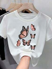 Simple And Versatile Design. Women's T-Shirt, Soft And Comfortable Short-Sleeved Crew Neck With Monarch Butterfly Print. Cotton T-Shirt, 100% Cotton. - 白色的 - 查看 1