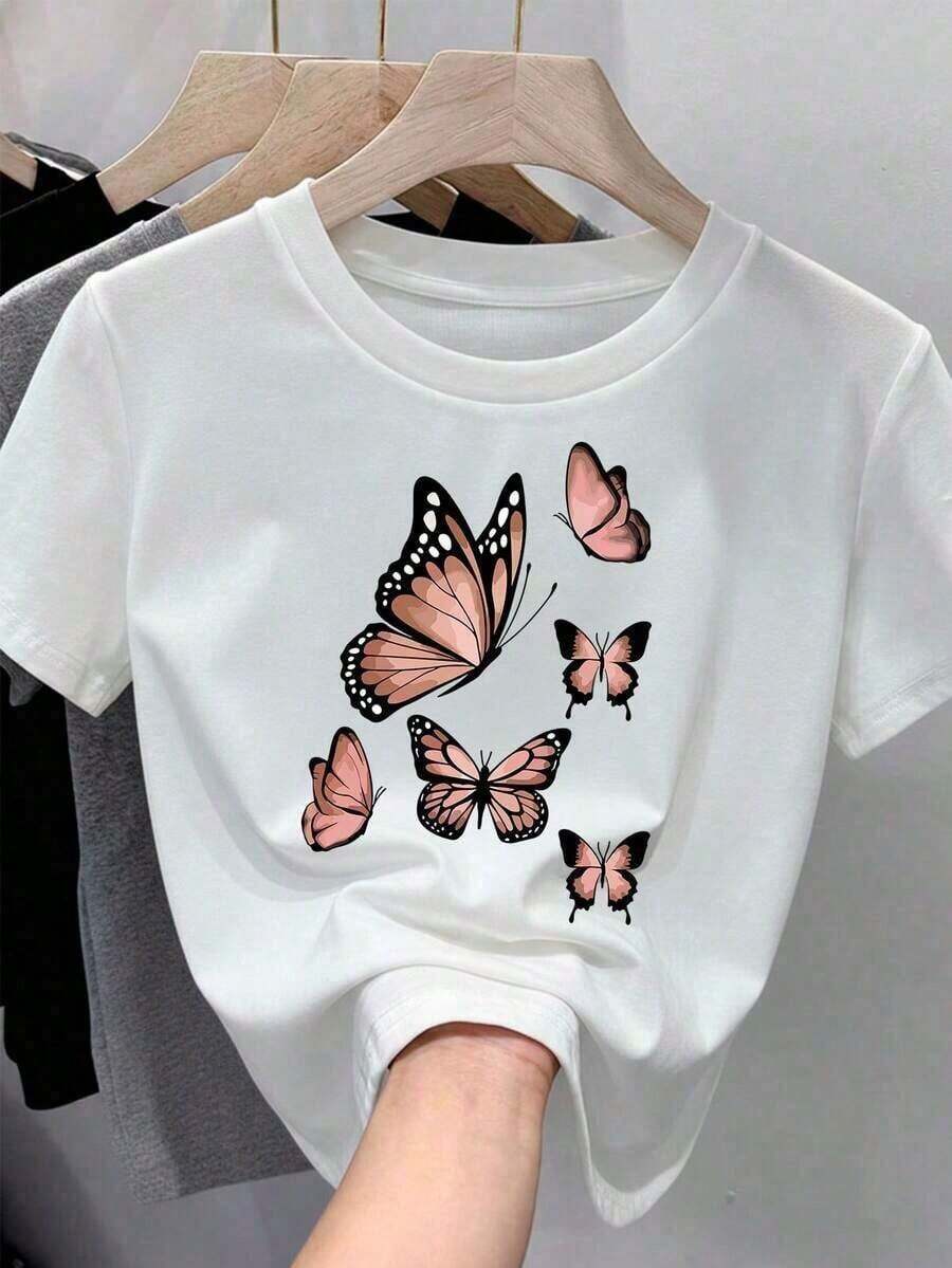 Simple And Versatile Design. Women's T-Shirt, Soft And Comfortable Short-Sleeved Crew Neck With Monarch Butterfly Print. Cotton T-Shirt, 100% Cotton. - 白色的 - 查看 1