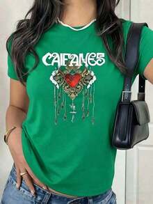 Women's Blouses Caifanes Graphic Shirt With Digital Print 220 Grams Spanish Rock Concert 1 Unit % Cotton Casual And Comfortable T-Shirt For Women Summereurmuse - 綠色的 - 查看 1