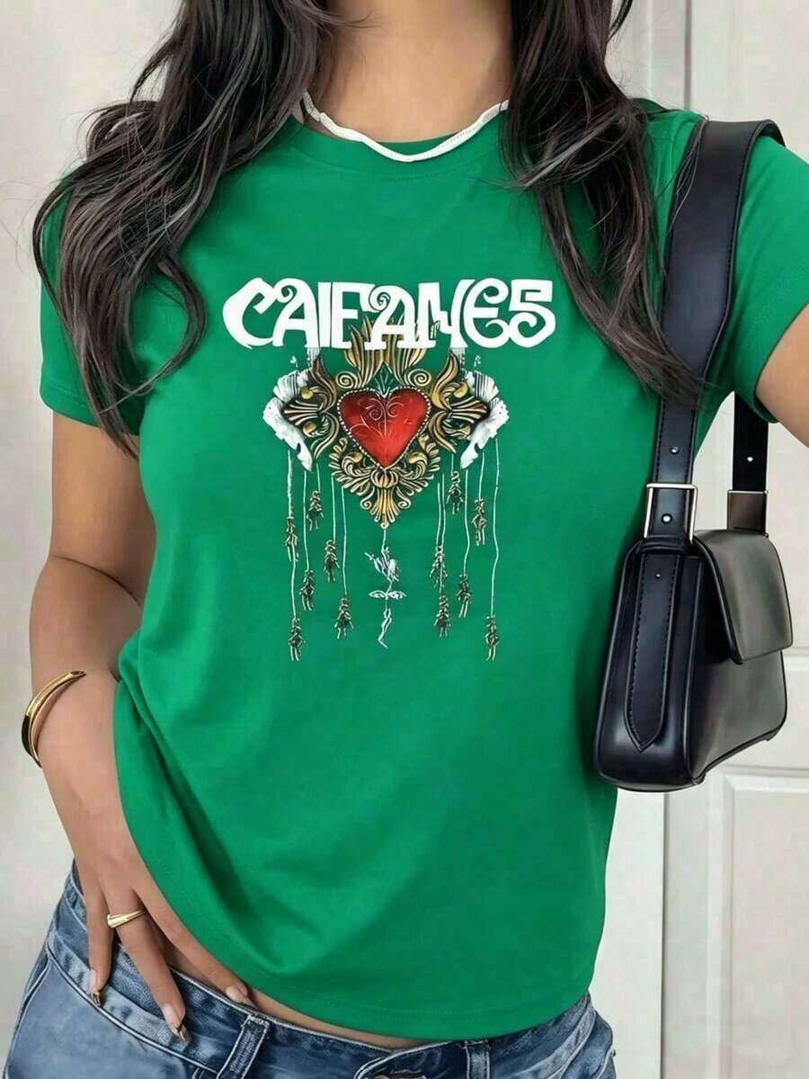 Women's Blouses Caifanes Graphic Shirt With Digital Print 220 Grams Spanish Rock Concert 1 Unit % Cotton Casual And Comfortable T-Shirt For Women Summereurmuse - 綠色的 - 查看 1