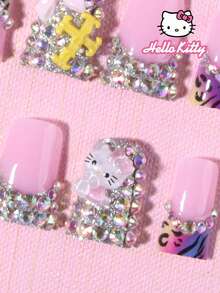 Sanrio Hello Kitty 24片中號鴨豹紋與彩虹法式穿戴甲，附可愛3D Hello Kitty、蝴蝶結、星星、水鑽與十字設計，貼合假指甲套組，含1片果凍膠與1片指甲锉，適合女孩日常與派對使用 - 彩色 - 查看 4