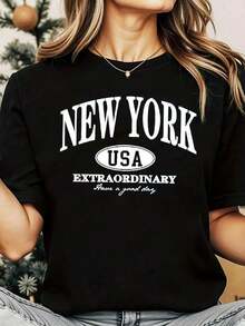 TrendyWomen Round Neck T-Shirt With "New York USA Extraordinary Have A Good Day" Print, Short Sleeve, Casual Style For Daily Use, Travel And Vacation. - 黑色 - 查看 1