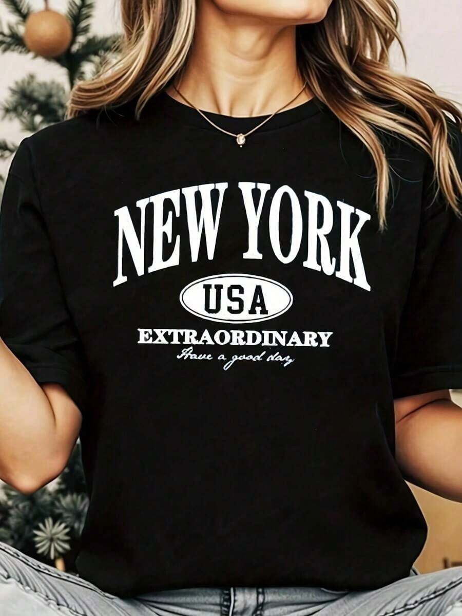 TrendyWomen Round Neck T-Shirt With "New York USA Extraordinary Have A Good Day" Print, Short Sleeve, Casual Style For Daily Use, Travel And Vacation. - 黑色 - 查看 1