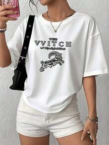 Goat Wo's Premium Loose Vintage Casual T-Shirt, Witch And New England Folktale Design, 100% Cotton, 1 Piece, Retro Graphic Print T-Shirt. New Summer T-Shirt For Women, Casual And Comfortable Crew Neck Top. Gift Idea. - 白色 - 查看 7