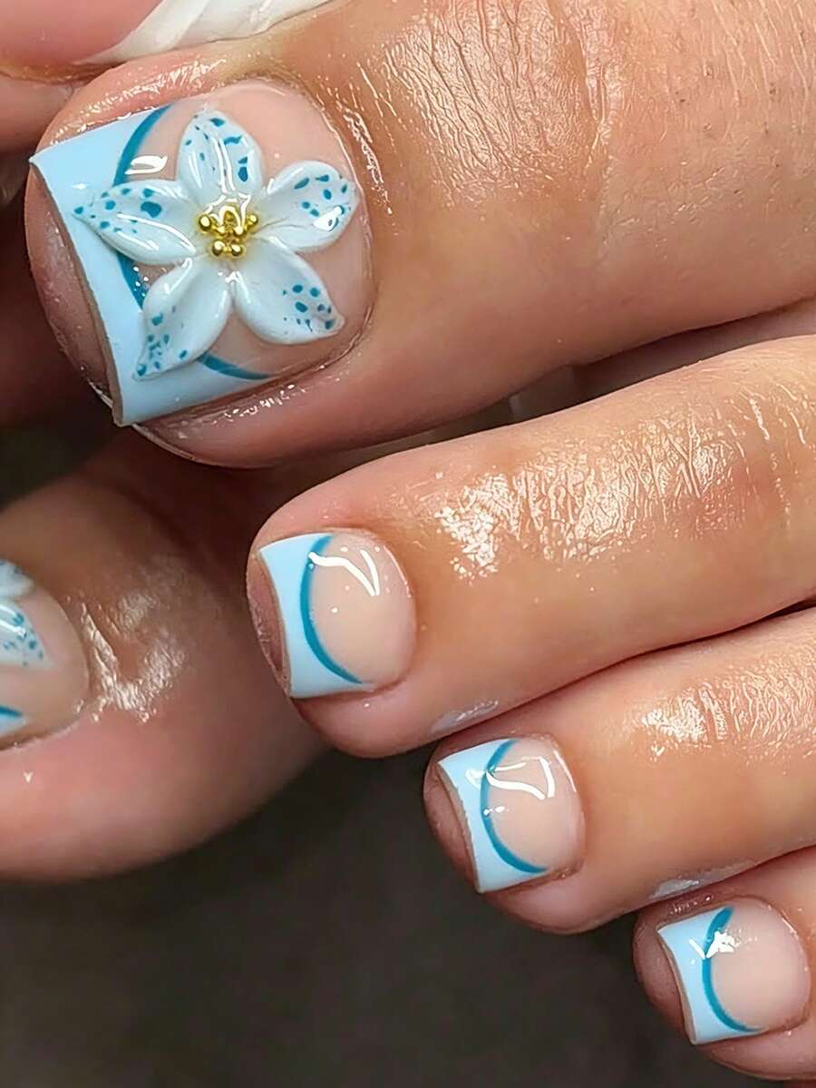 24pcs Blue 3D Petal Square False Nails, Short Square Nail Stickers For Summer, With Gel Glue & Nail File, Suitable For Women's Daily, Date, Party - Multicolor - View 1