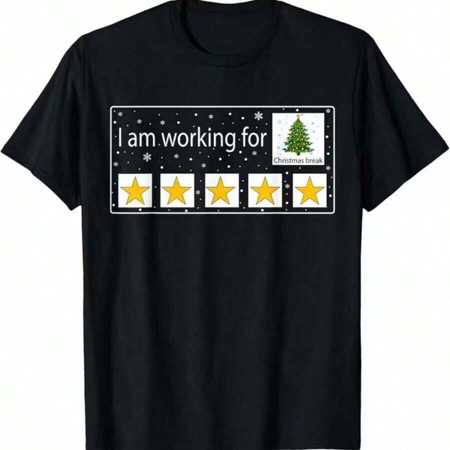 Printed T-Shirt (180 G/M²) Made Of Pure Cotton With The Phrase "I'm Working For The Christmas Holidays, Teacher". Black, Casual, Short-Sleeved, Graphic Design, Handcrafted Fabric, Breathable, Soft, Durable, Easy To Clean, Comfortable, Perfect For Christmas. - 黑色 - 查看 1