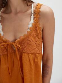 Women Sleeveless Ruffled Lace Trim Boho Spaghetti Crop Top Scoop Neck Flowy Button Down Front Tie Mesh Crop Tank Top - Orange-red - View 4