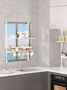 Organizador de estantería ajustable para ventana de fregadero de cocina, estante extensible independiente sin necesidad de taladrar - Ver 2