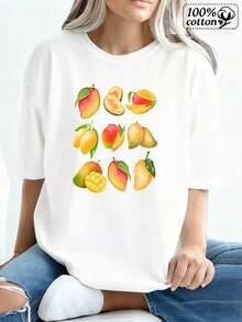 Fashionable Women's Top With A White Fruit Print On The Front. Comfortable Casual Wear For Everyday Outings And Summer Style. Suitable As A Gift. Women's T-Shirt. Elegant Blouses. Boho Chic. Soft, Breathable, And Comfortable Women's Top, Ideal For Spring, Summer, And Autumn, Perfect For Vacations, Travel, And Everyday Wear. - [白色的] - 查看 1