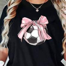 Plus Size Women's Printed Crew Neck T-Shirt, Casual Football Shirt With Bow Print R - Medium Elasticity Breathable Fabric, Crew Neck, Machine Washable, Comfortable For All Seasons And Casual Wear, Sports Fan Clothing, Non-See-Through Material, Workout Clothes, Fashionable Design, Comfortable Fit, Printed T-Shirt, Women's, 100%. - 黑 - 查看 2