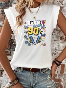 Women's T-Shirt With Nostalgic 90s Graphic Print, Retro Cassette Headphone Style, Short Sleeve, Round Neck, Casual Top For Summer And Spring, Women's Clothing, Casual Printed T-Shirt, Short Sleeve And Round Neck, Local Spring/Summer Urban Fashion. - 白色 - 查看 7