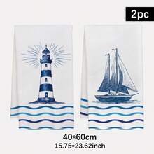 2pcs Blue Ocean Lighthouse, Sailboat & Wave Pattern Kitchen Towels, Rectangular Super Soft Microfiber Kitchen Towels, Dish Cloths, Cleaning Rags, Hand Towels, Cooking Baking Tea Towels, Kitchen Decor, Housewarming Gift, Birthday Gift, Bathroom Cleaning Wipes, Decorative Towels - Multicolor - View 2